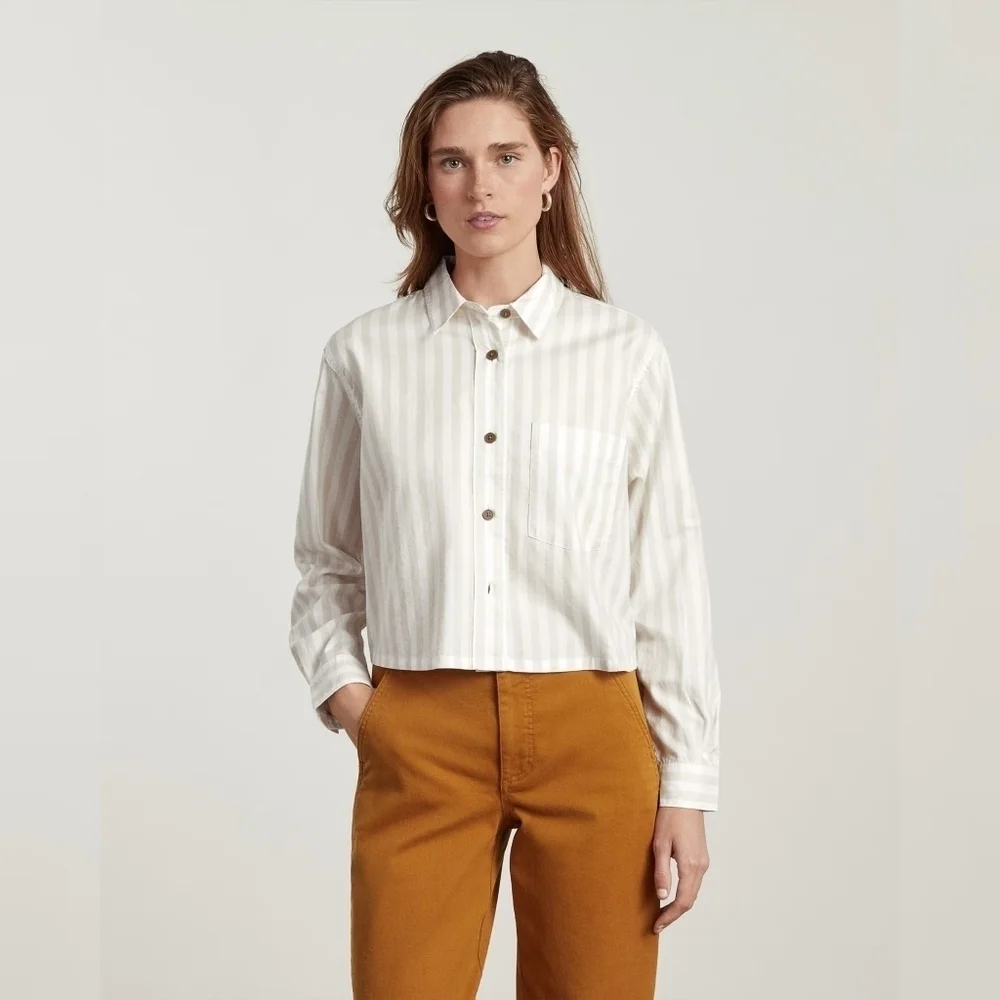 Everlane Cropped Cream Stripe Button-Down Shirt - Picture 1 of 15